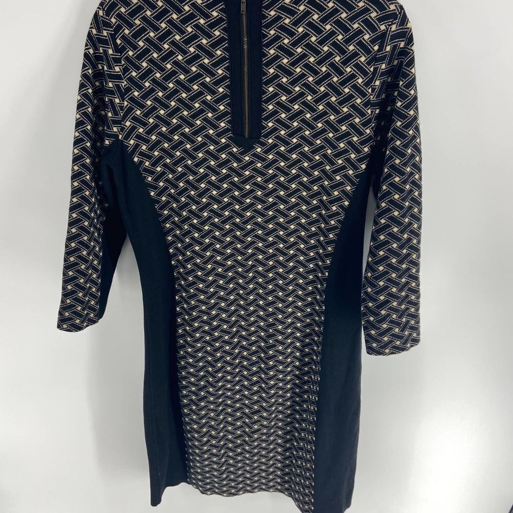 J. Mclaughlin Black Gold Geometric half sleeve mini Sweater Dress womens medium - Picture 4 of 6